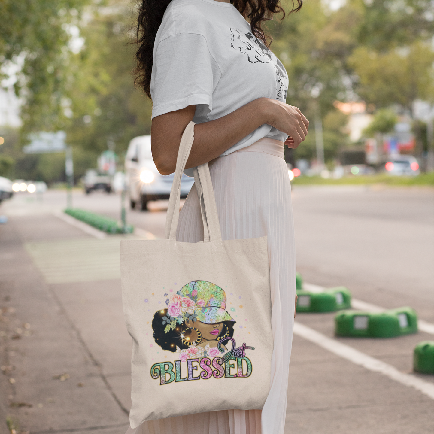 Just Blessed Canvas Tote Bag | Black Woman Religious