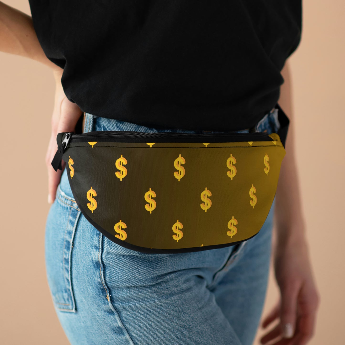 Big Money Fanny Pack with Dollar Signs on Dark Background
