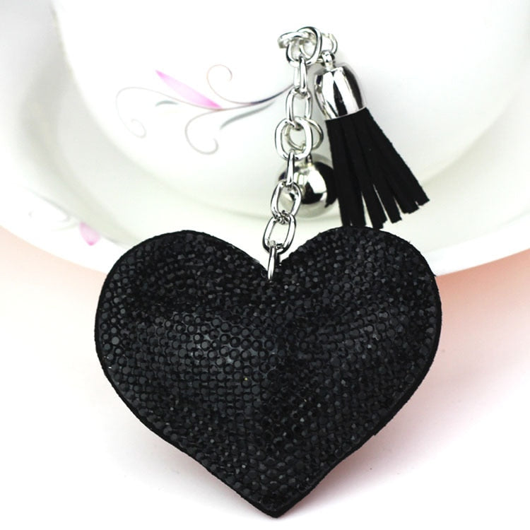 Crystal Heart Keychain w Leather Tassel | Bag Accessory | 14 Colors