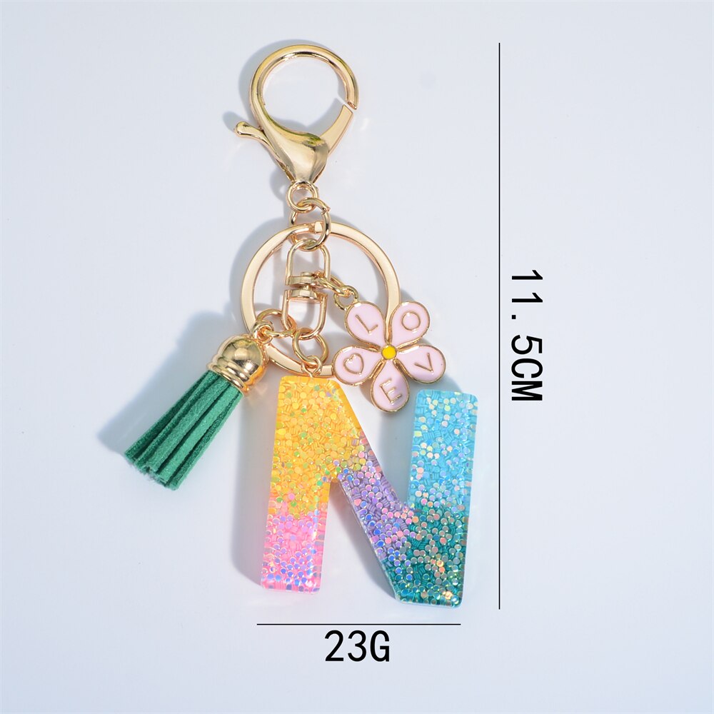 Uniquely You Custom Products Sequin Filled Monogram Keychain with Pink Flower and Green Tassel | Cross-body Bag Accessory | H / China