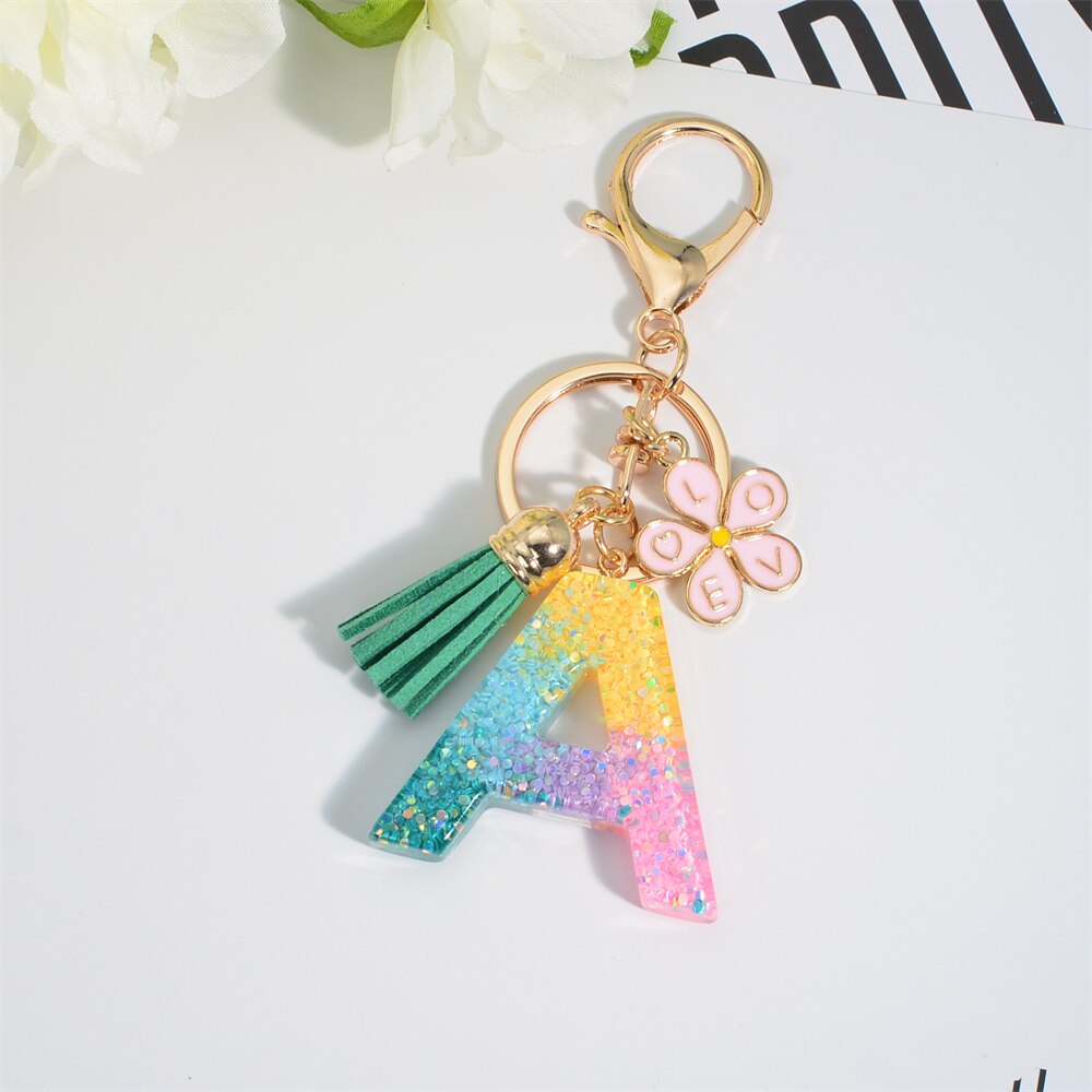 Uniquely You Custom Products Sequin Filled Monogram Keychain with Pink Flower and Green Tassel | Cross-body Bag Accessory | A / China