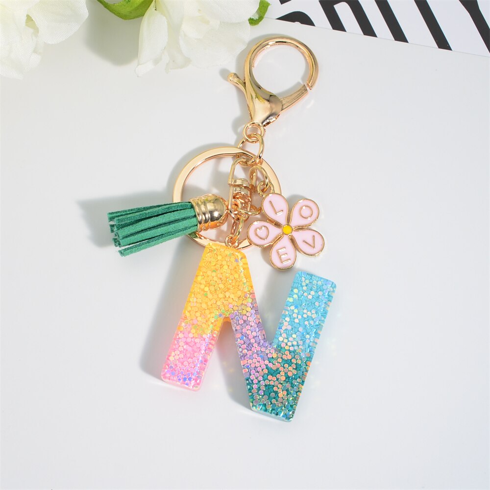 Sequin Filled Monogram Keychain With Pink Flower and Green Tassel | Bag Accessory