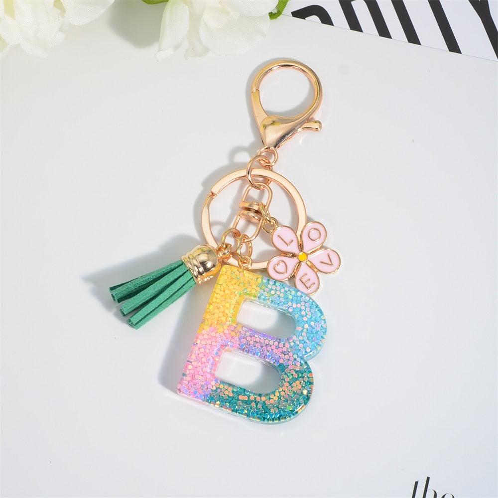 Sequin Filled Monogram Keychain With Pink Flower and Green Tassel | Bag Accessory