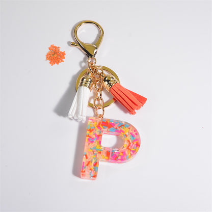 Colorful Clay Bead Filled Monogram Keychain With Two Tassels | Bag Accessory