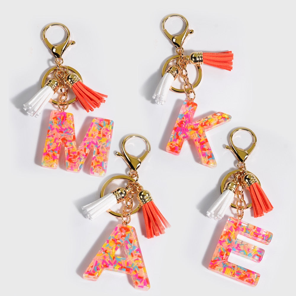 Colorful Clay Bead Filled Monogram Keychain With Two Tassels | Bag Accessory
