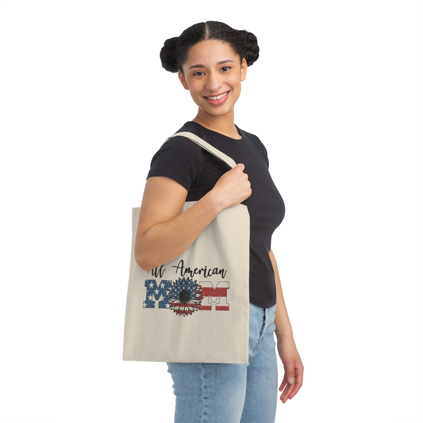 All American Mom Canvas Tote Bag with Patriotic Sunflower