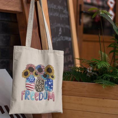 Freedom Flowers Canvas Tote Bag | Patriotic Red White Blue Sunflowers | Proud American | Perfect Bag for Summer, Camping, Work, Beach, Camp