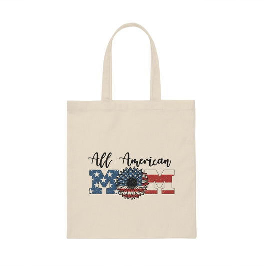 All American Mom Canvas Tote Bag with Patriotic Sunflower
